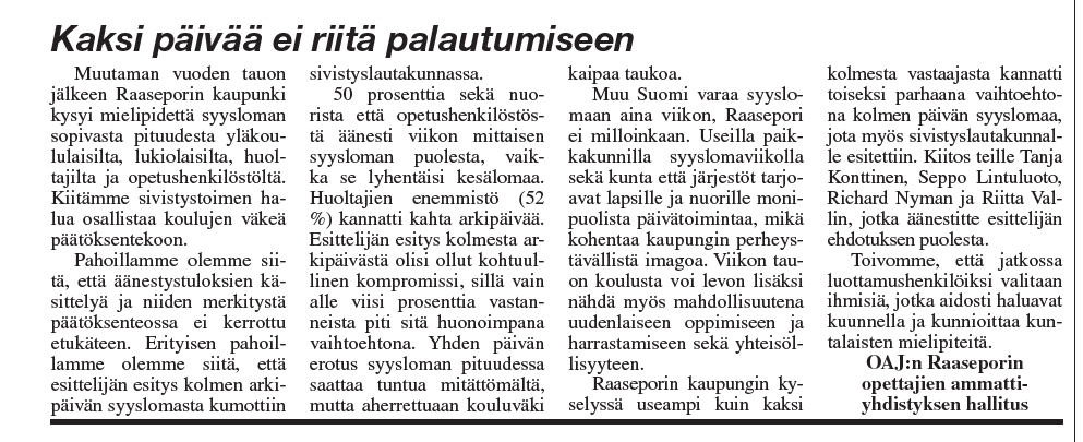 Mielipidekirjoitus Etelä-Uusimaassa 14.11.2024